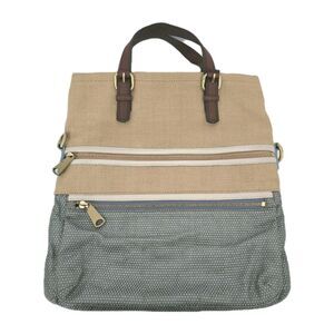 Fossil Explorer Two Toned Gray Tan Jute Tote Fold‎ Over Cross Body Handbag READ